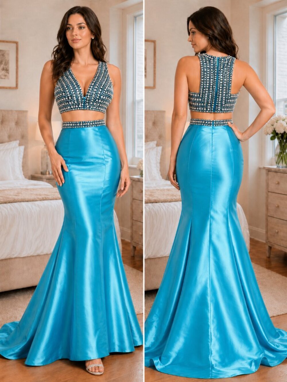 NWT Mac Duggal Turquoise Two Piece Formal Pageant Gown $538